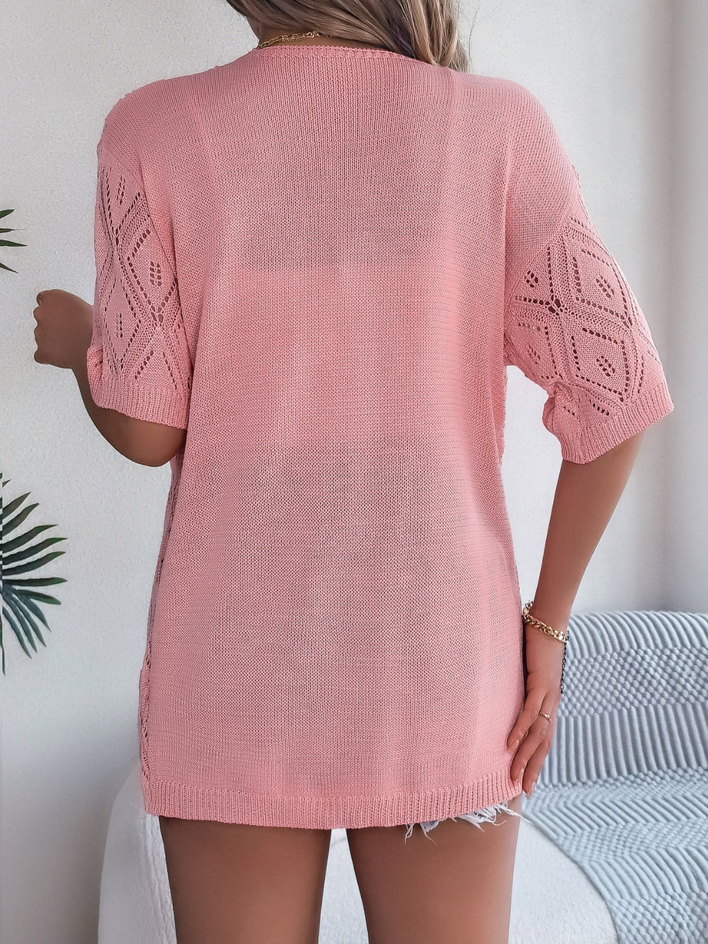 GR | Durchbrochene Offene Front Halbarm-Cardigan