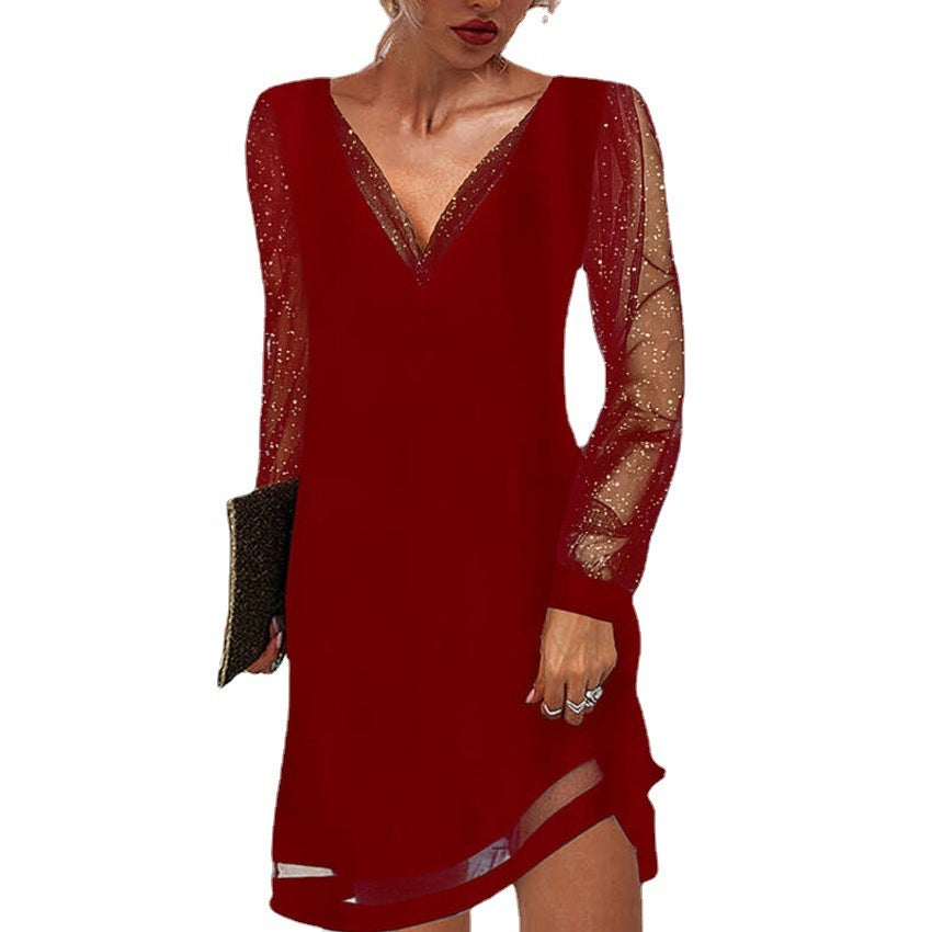 GR | Solides Kleid Mit Spitzenbesatz Und V-Ausschnitt