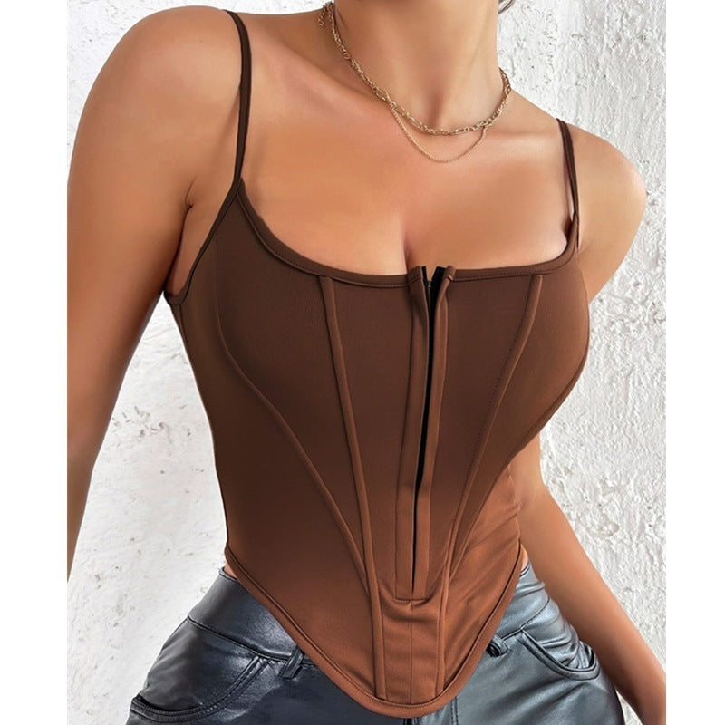 GR | Single-breasted sling crop corset tank summer fashion slim spaghetti strap top for women's clothing