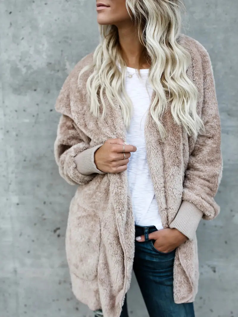 Knitted, fluffy hooded jacket