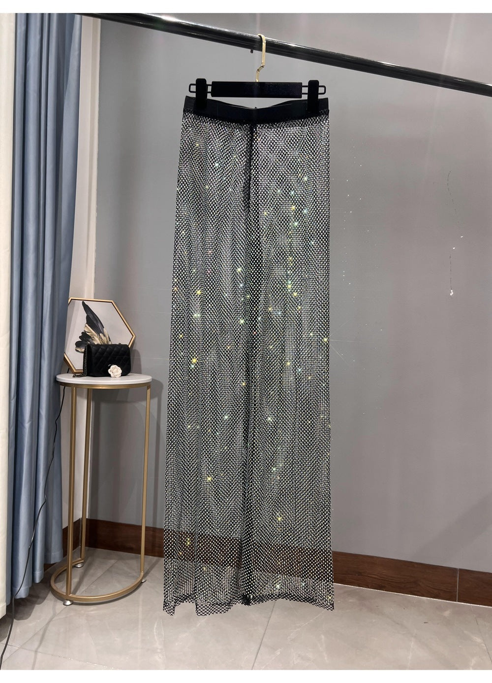 GR | Rhinestone Straight Mesh Wide Leg Slim Fit Flattering Mop Pants