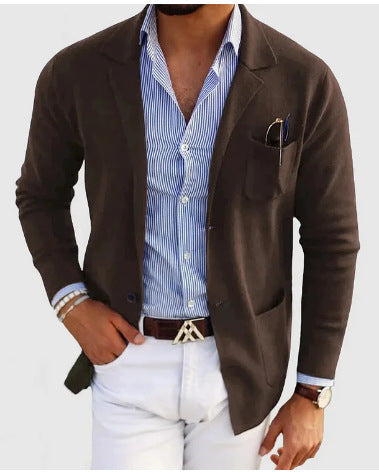 GR | Men's Cardigan with Casual Buttons, Pockets and Notched Collar, Solid Color, Long Sleeves