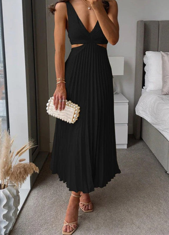 GR | Sleeveless V-neck dress with pleats and open back