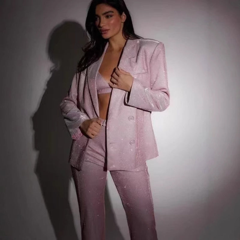 GR | Shiny women's suit set with blazer and straight-leg trousers for parties