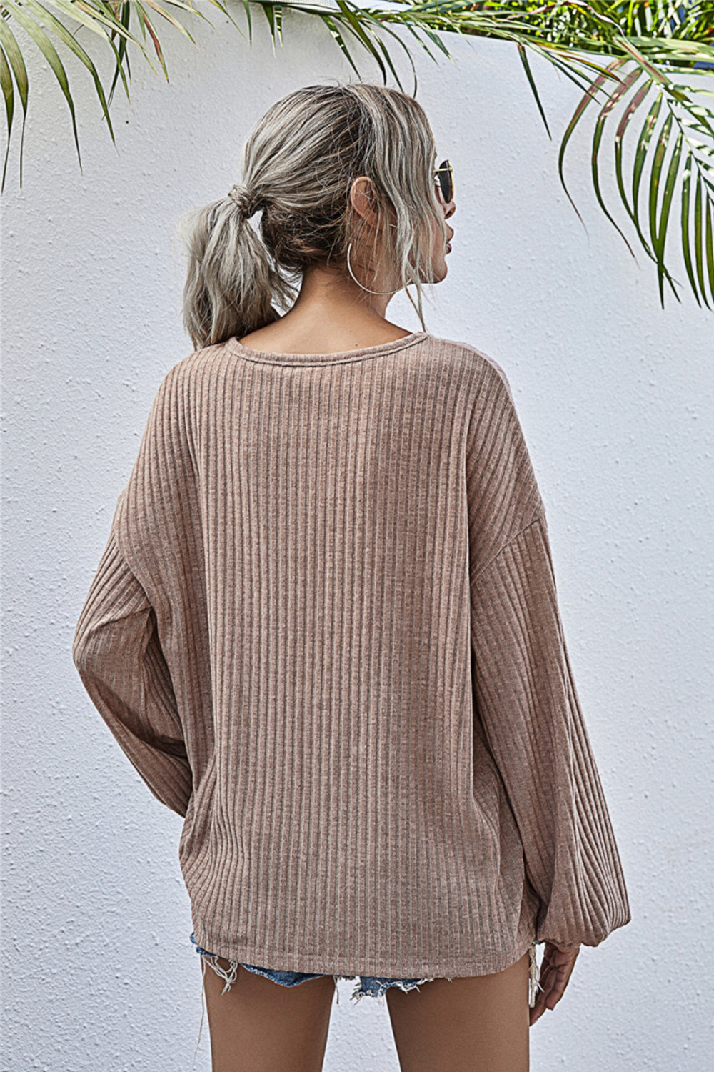 GR Round Neck Lantern Sleeve Casual Knitted Top