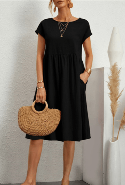 GR | Baumwolle Leinen Kurzarm Midi Kleid