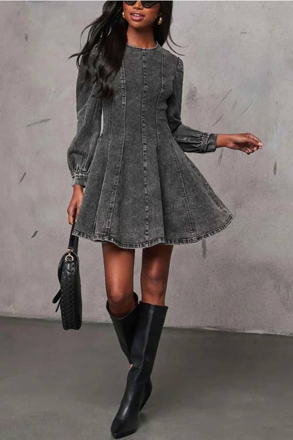 GR | Fade Into You Denim Prinzessinnenlinie Rückenreißverschluss Flare Stretch Mini Kleid