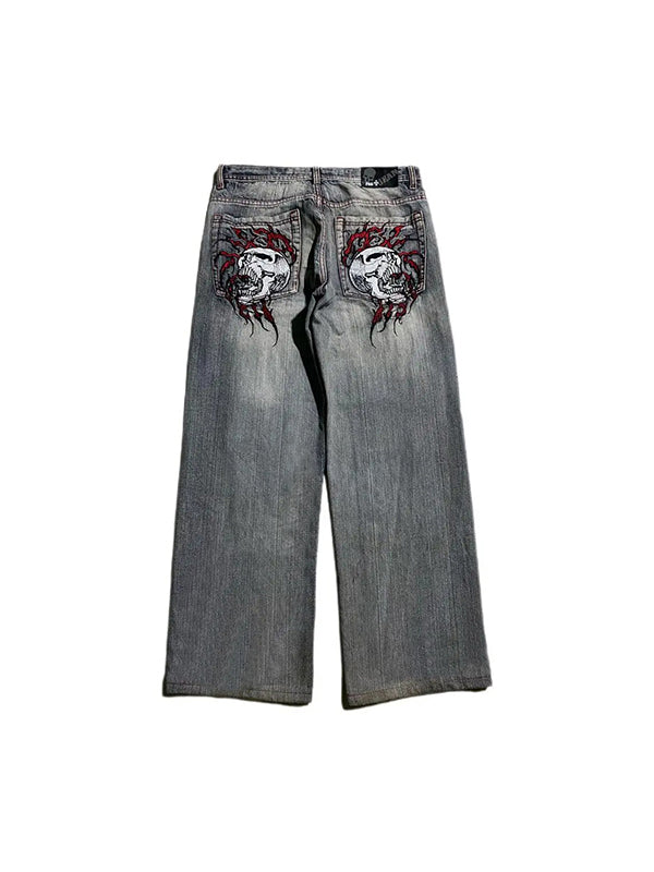 GR | 2000s Boyfriend Baggy Jeans With Skull Embroidery