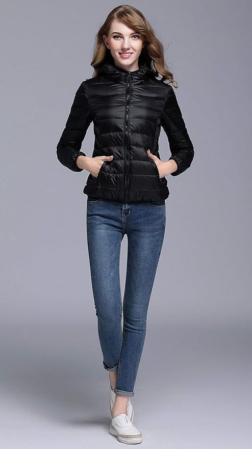 GR | Women's Winter Down Jacket with Hood, White and Black - Foldable Down Jacket