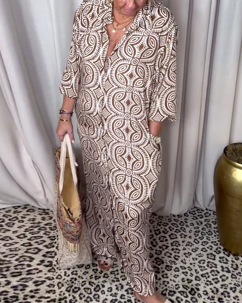 GR | Vintage Printed Maxi Dress with Lapel Pockets
