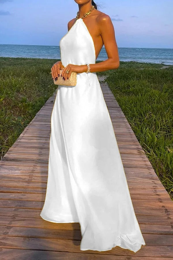 GR | Sunny In Santorini Chain Halter Backless A-Line Holiday Maxi Dress