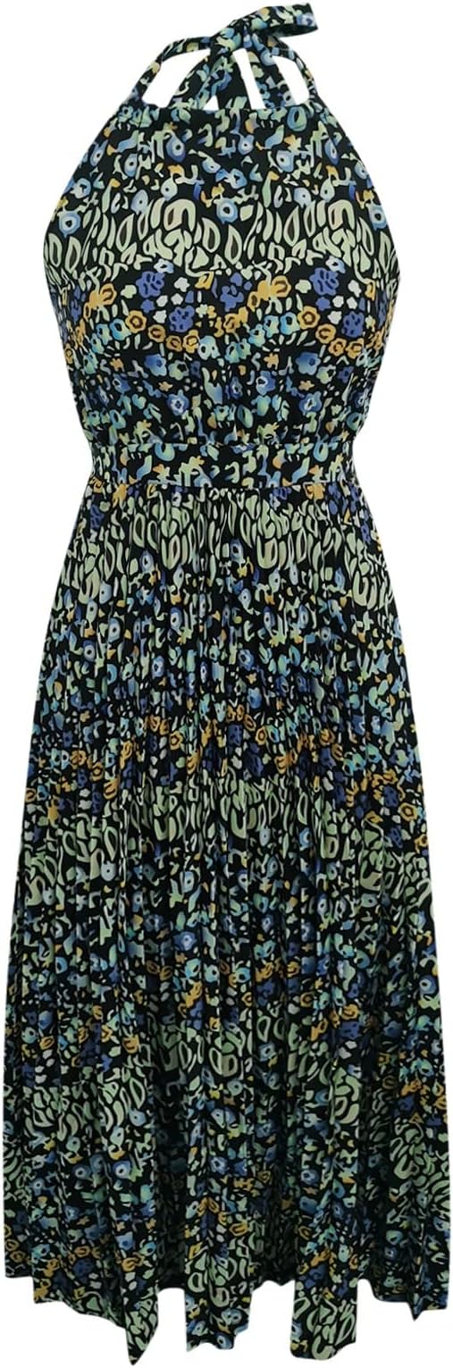 GR | Boho Print Patchwork Halter Pleated Dresses