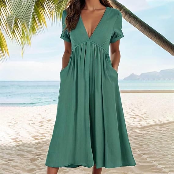 GR | Casual Solid Color Pockets Pleated V-Neck A-Line Dresses