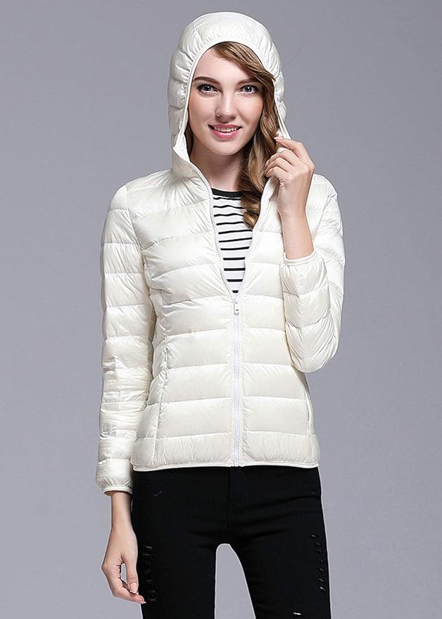 GR | Women's Winter Down Jacket with Hood, White and Black - Foldable Down Jacket
