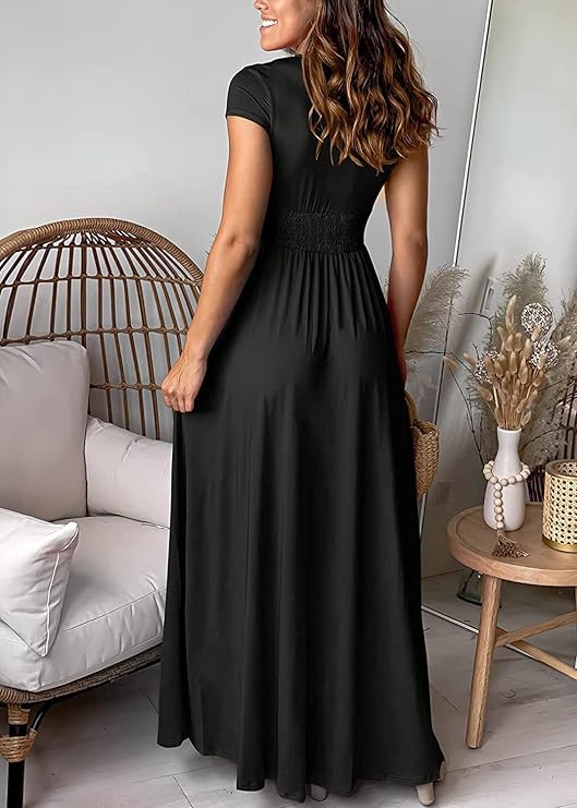Elegant maxi dress with deep V-neck and high slit – evening and party dress