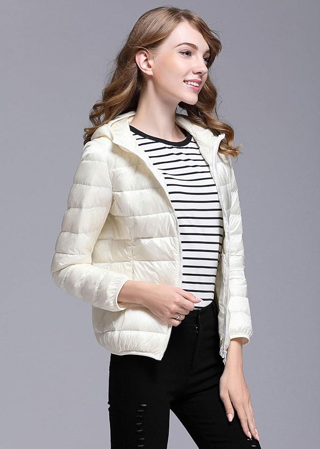 GR | Women's Winter Down Jacket with Hood, White and Black - Foldable Down Jacket