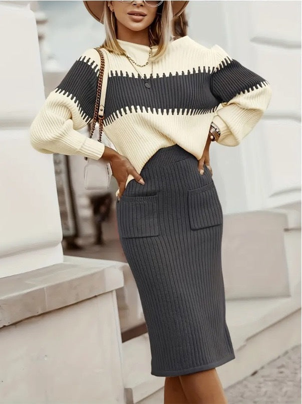 GR | 1-piece knitwear set - long-sleeved sweater and slim midi skirt