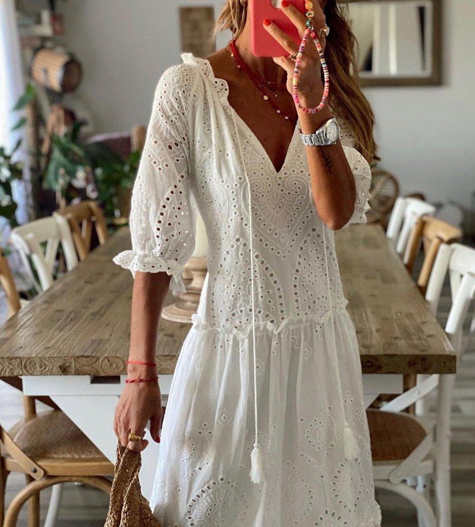 GR | Romantic White Short-Sleeve Maxi Dress