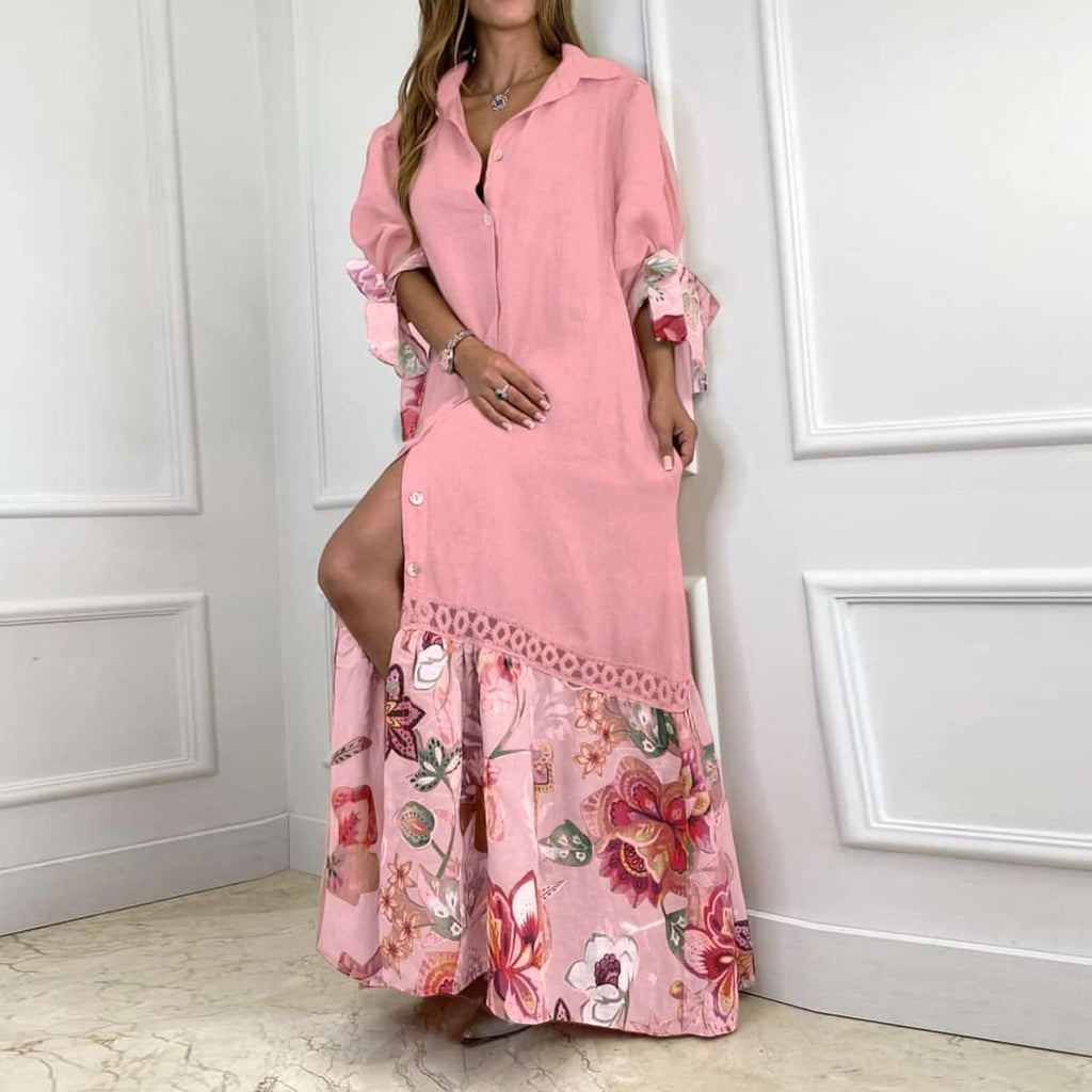 GR | Maxi dress with button placket and floral pattern at the hem