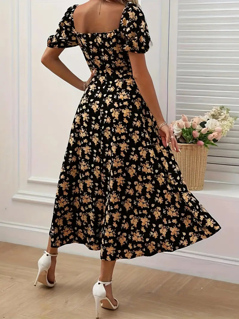 GR | Schickes Kleid mit Puffärmeln Im A-Linien-Stil mit Blumendruck
