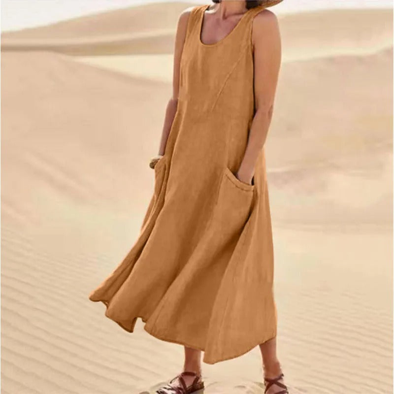 GR | Sleeveless linen dress with pockets for women