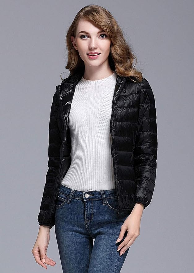 GR | Women's Winter Down Jacket with Hood, White and Black - Foldable Down Jacket