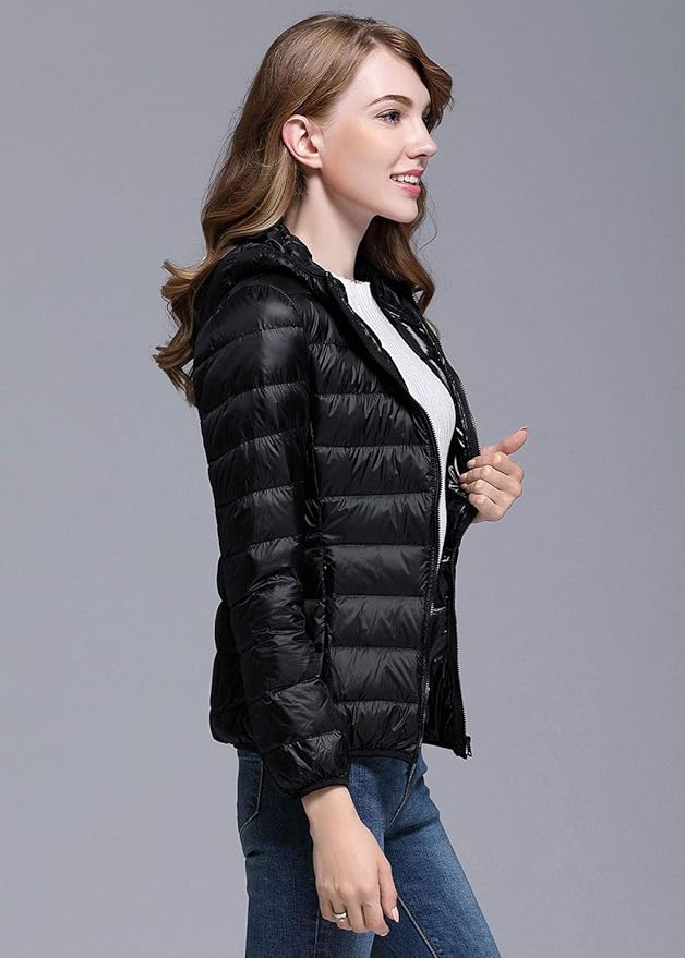 GR | Women's Winter Down Jacket with Hood, White and Black - Foldable Down Jacket