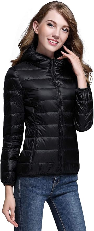 GR | Women's Winter Down Jacket with Hood, White and Black - Foldable Down Jacket