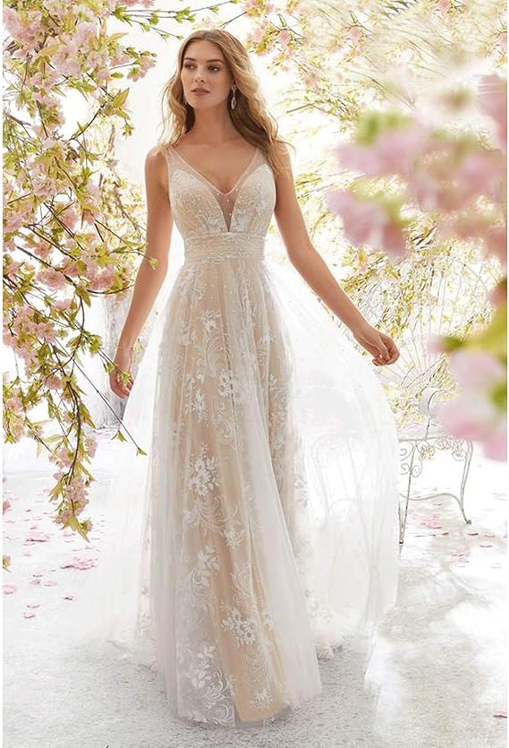 GR | V-neck Sleeveless Lace Wedding Dress 