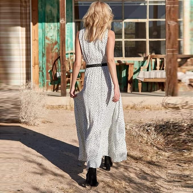 GR | Bohemian patchwork dress with V-neck and A-line in polka dots