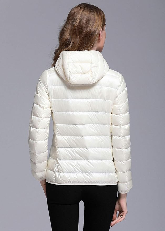 GR | Women's Winter Down Jacket with Hood, White and Black - Foldable Down Jacket
