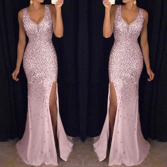 GR | Sling V-neck Split Glittering Evening Dress 