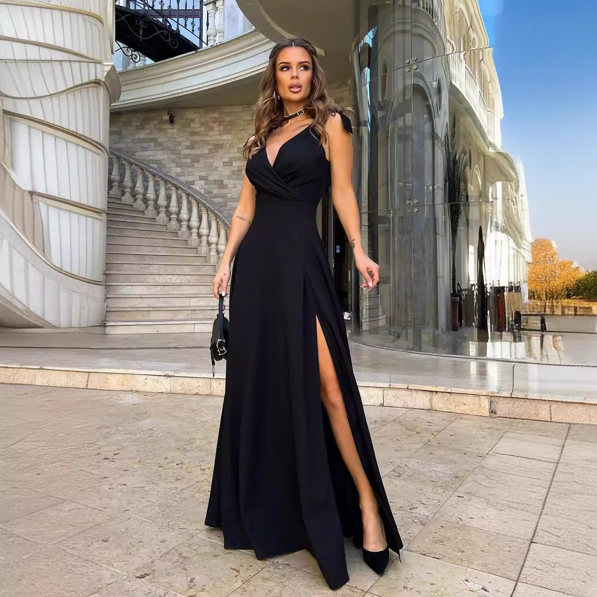 GR | Evening dress, long, pleated, solid color