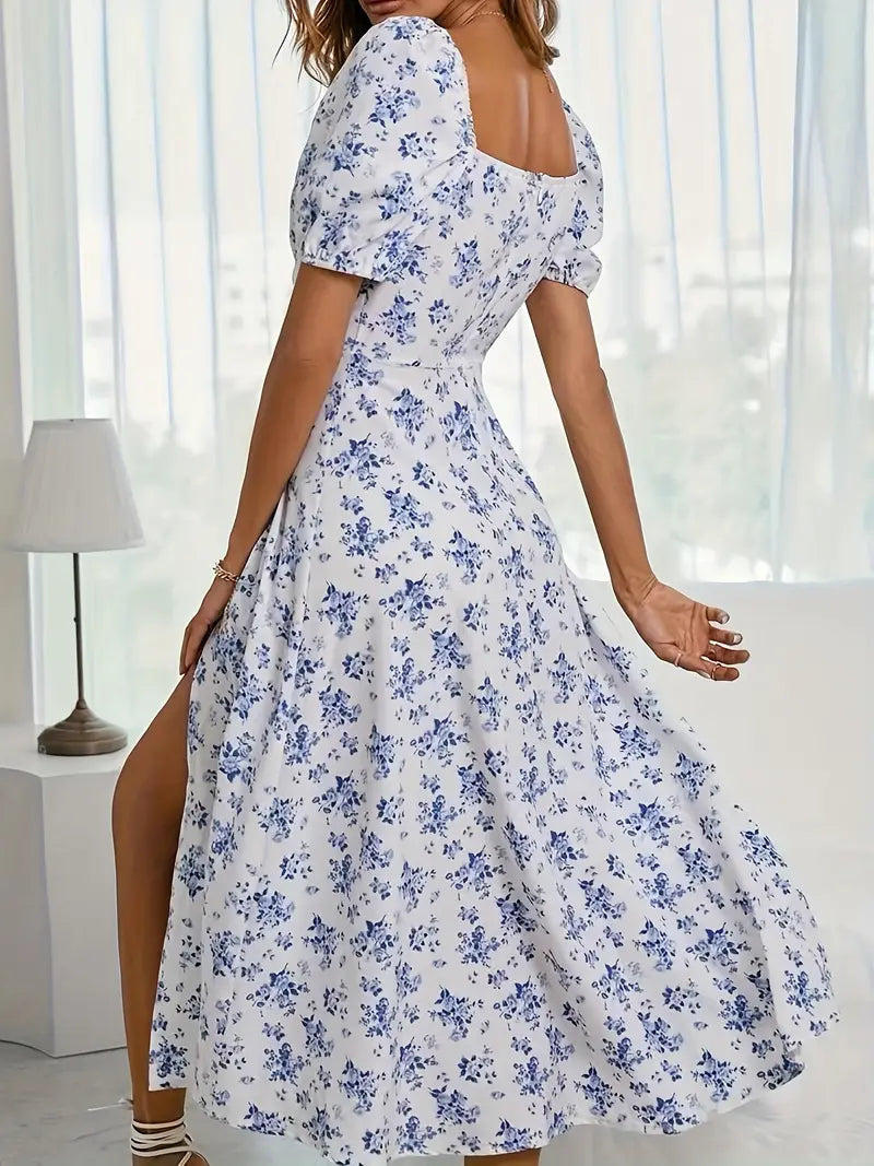 GR | Schickes Kleid mit Puffärmeln Im A-Linien-Stil mit Blumendruck