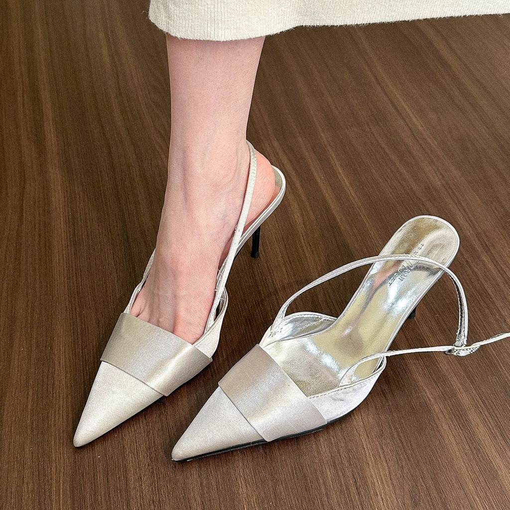 GR | Women's Closed Toe Pointed Toe Silver Satin Sandals