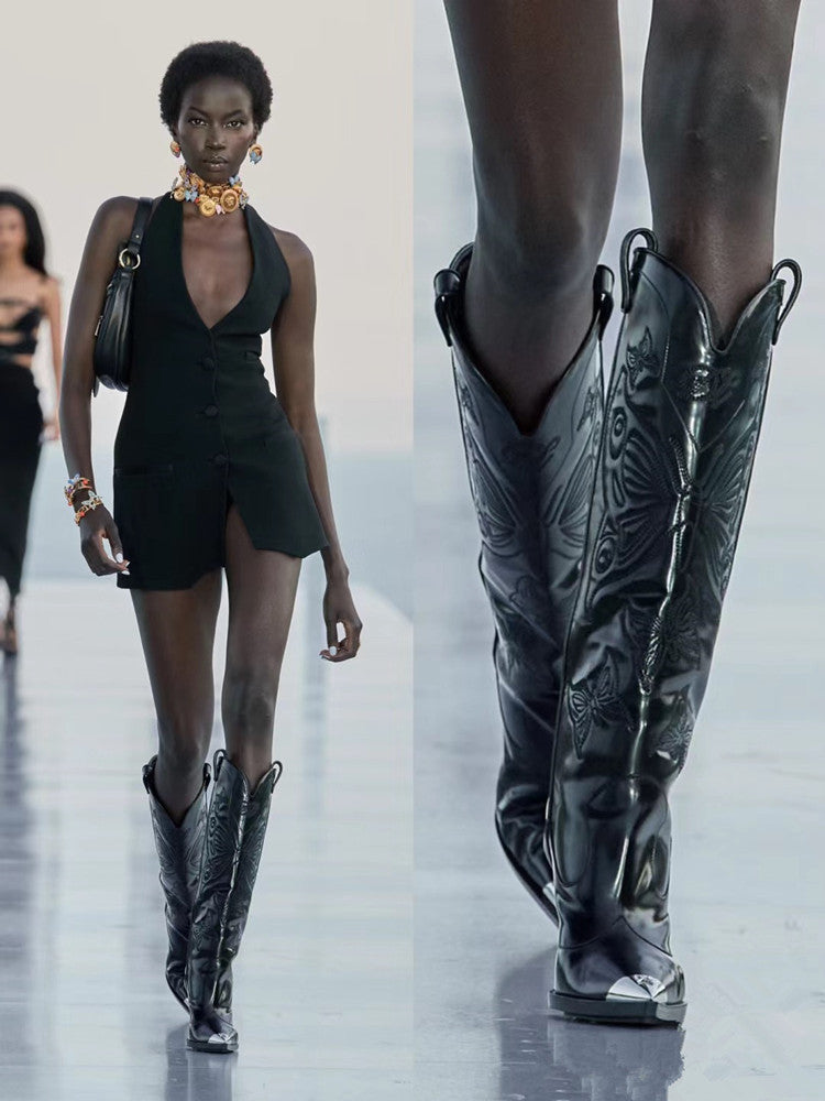 GR | Women's High-Heeled Metal Pointed Toe Bow Embroidered Boots