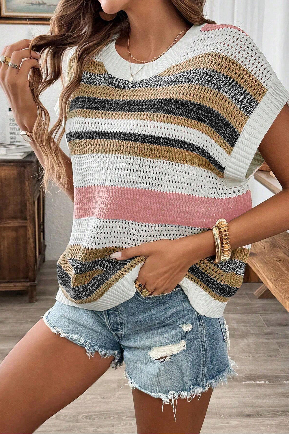 GR | Women's color-blocked and openwork knit top