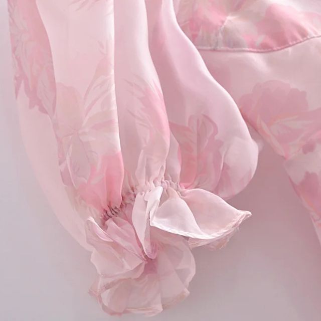 GR | Organza-Kleid mit Blumenmuster und Puffärmeln sowie Herzausschnitt