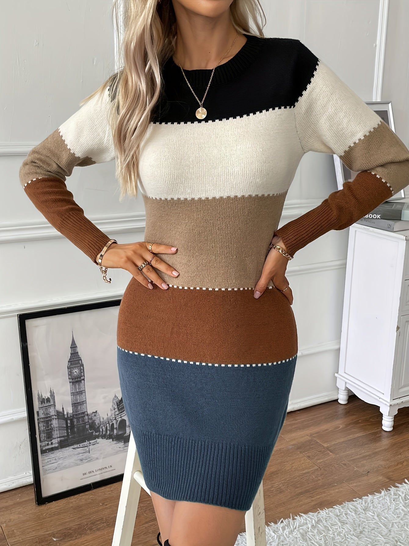 GR | Schicke Herbst Farbblock Langarmkleid für Frauen