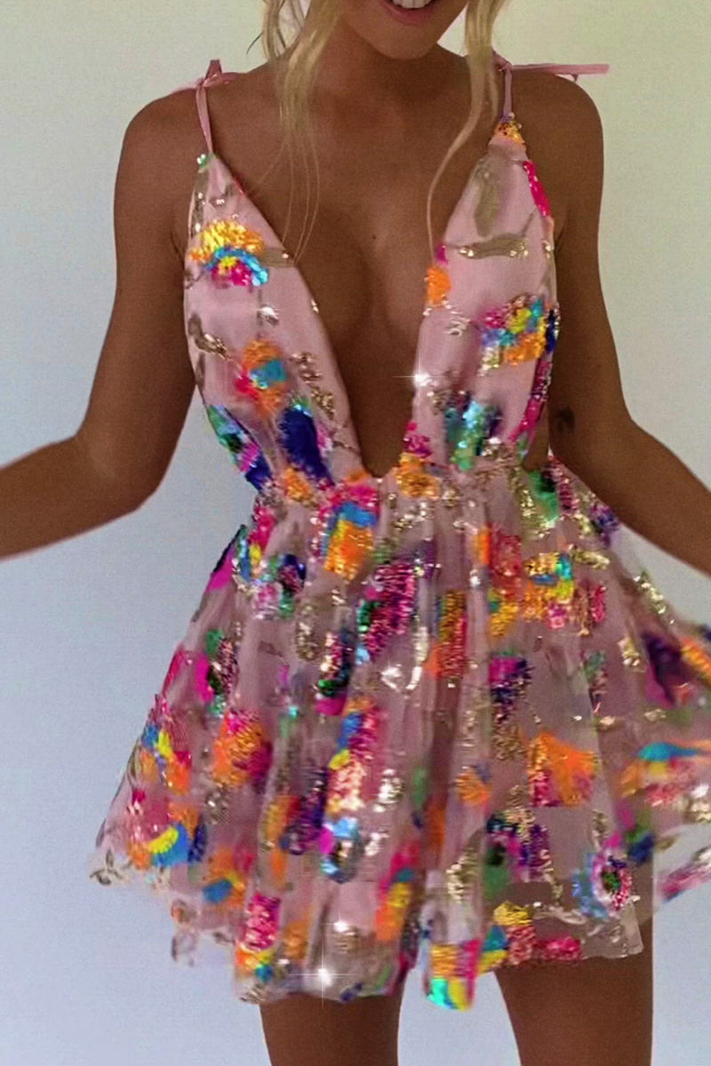 GR | Regenbogen Pailletten Offene Rücken Slip Mini Kleid