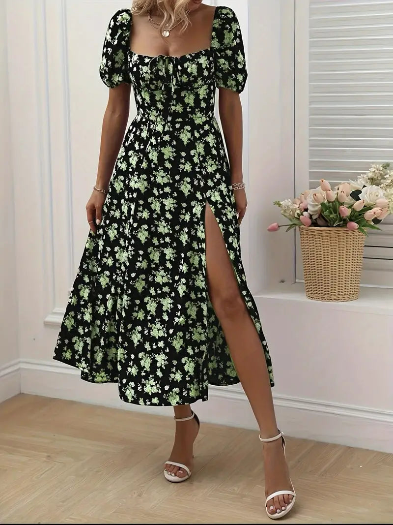GR | Schickes Kleid mit Puffärmeln Im A-Linien-Stil mit Blumendruck