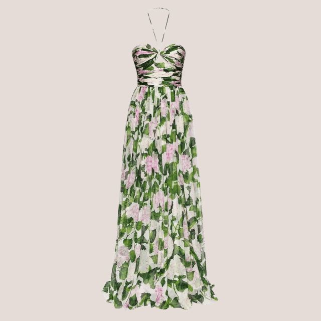 GR | Strapless maxi dress with floral pattern and gathered bodice 