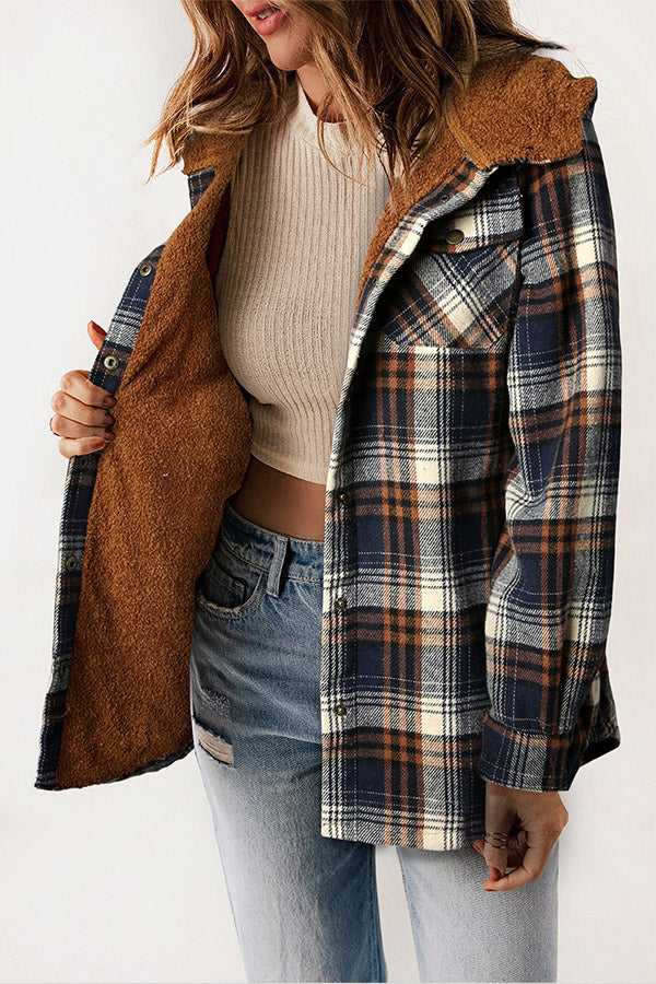 GR | Snap Button Sherpa Fleece Lined Hooded Flannel Jacket