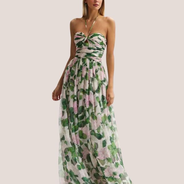GR | Strapless maxi dress with floral pattern and gathered bodice 