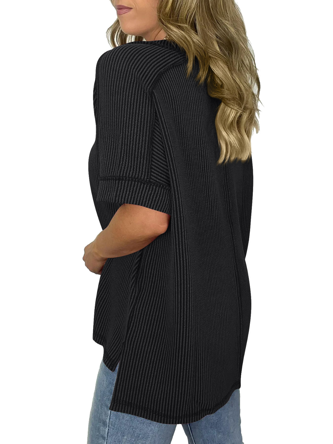 GR | Cord-Ripp V-Ausschnitt Kurzarm T-Shirt