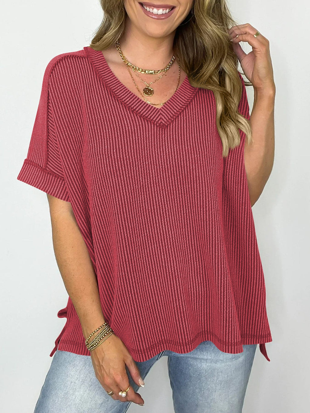 GR | Cord-Ripp V-Ausschnitt Kurzarm T-Shirt