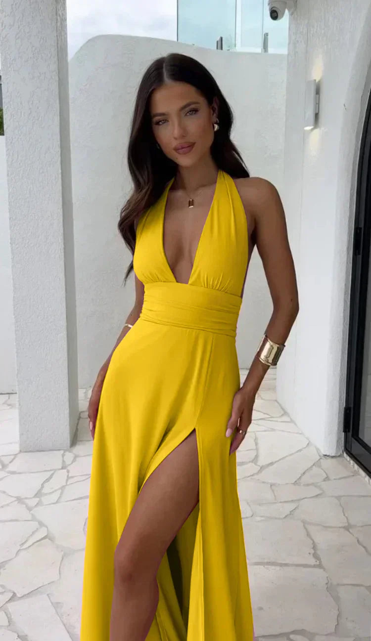 Bernadette | Sexy Deep V-Neck Split Solid Color Dress
