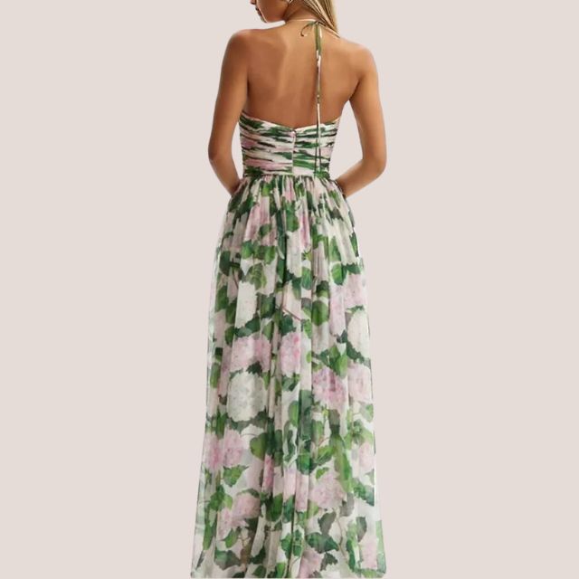 GR | Strapless maxi dress with floral pattern and gathered bodice 