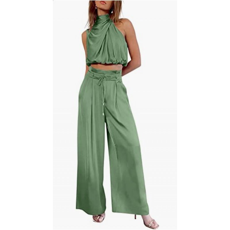 GR | Casual Sleeveless Top with Midriff and Wide Legs 2-Piece Set Women's Clothing