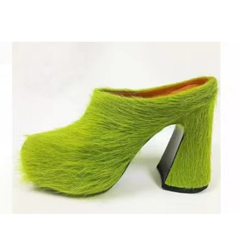 GR | Closed Toe Horsehair Chunky Heel Waterproof Platform Slippers
